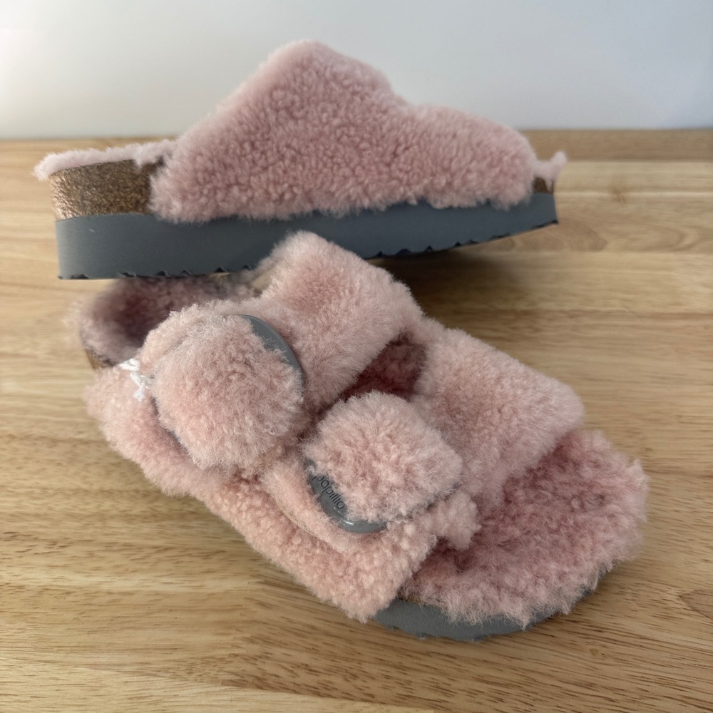 Papillio Birkenstock Pink Shearling Arizona Slide Women 36 6.5 Big Buckle